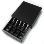 An image of a black cash drawer with a lock on the front, typically used in retail and business environments to securely store cash and coins