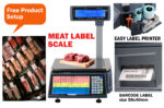 Digital butcher scale with a built-in barcode label printer, showing weight, price, and total on the display