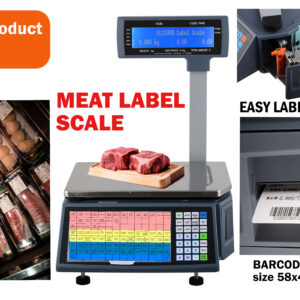 Digital butcher scale with a built-in barcode label printer, showing weight, price, and total on the display