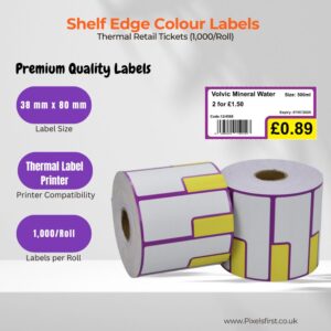 Shelf edge thermal colour label in purple-yellow