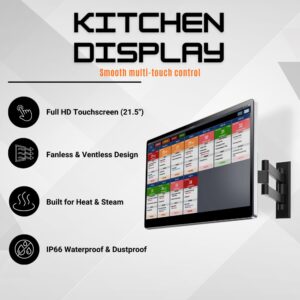 Close-up of 21.5 inch touchscreen kitchen display with heat and steam resistant casing and multi-touch support